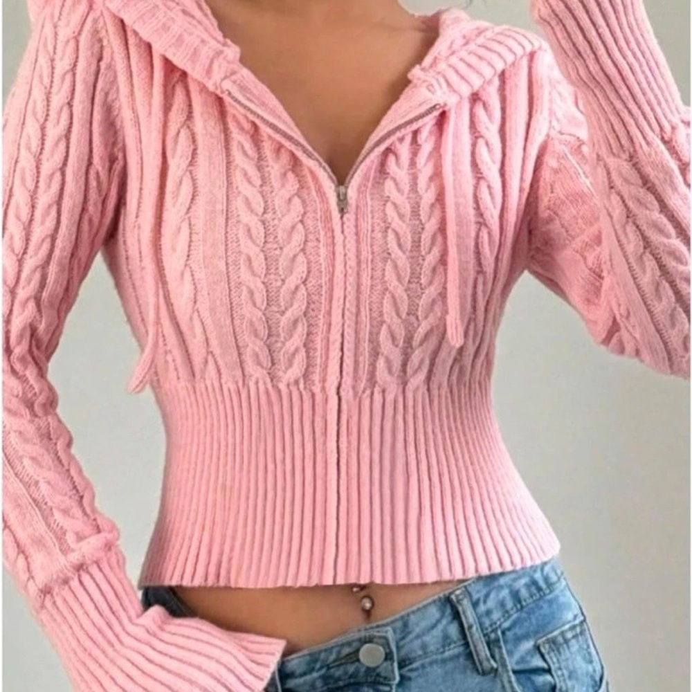 Pink Cable Knit Cropped Zip Hoodie Cardigan Small - Picture 2 of 14